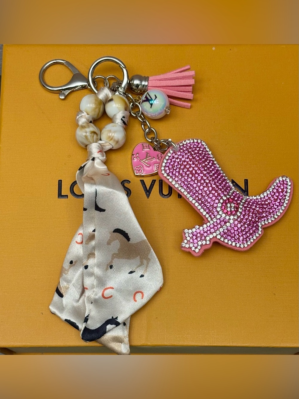 Louis Vuitton Western Boot Bag Charm, LV enamel heart and bead charm, 8 inches